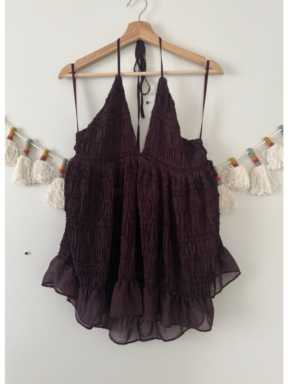 UO Kimchi Blue Edith Ruffle Babydoll Tunic Halter Top Deep Plum Feminine NWT XL